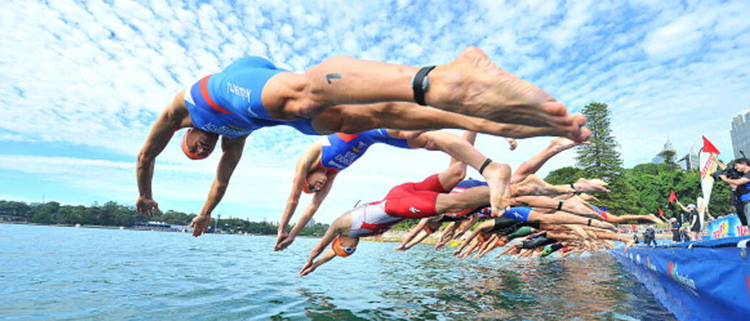 Group of swimmers diving into a pool ready to begin a race
