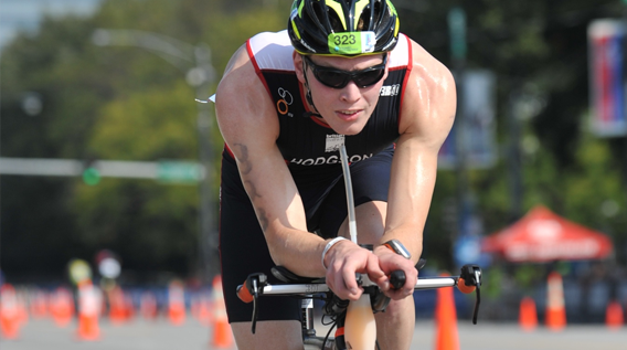 Athlete cyclist taking part in a triathlon race