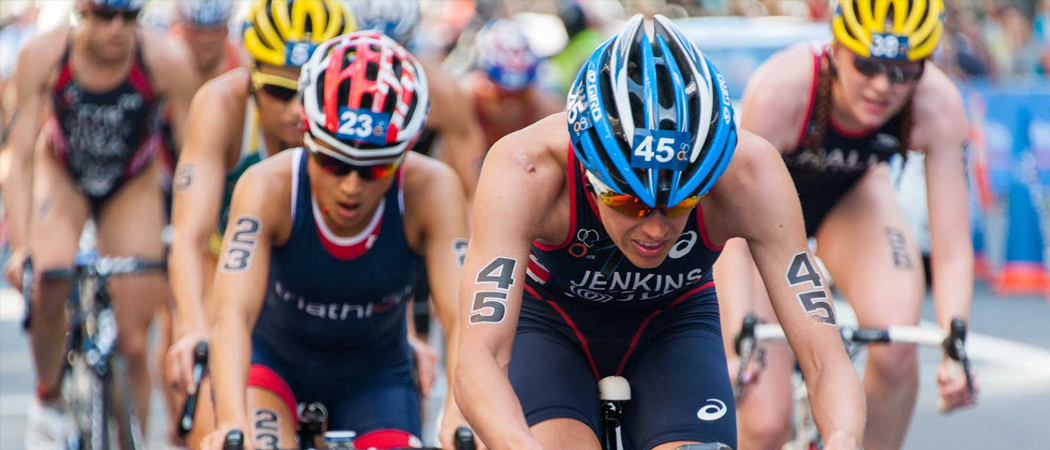 Group of Athlete Cyclists Taking part in a Triathlon race