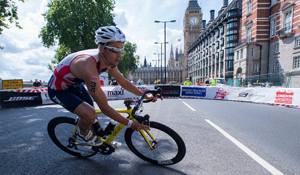 Athlete cyclist taking part in a triathlon race